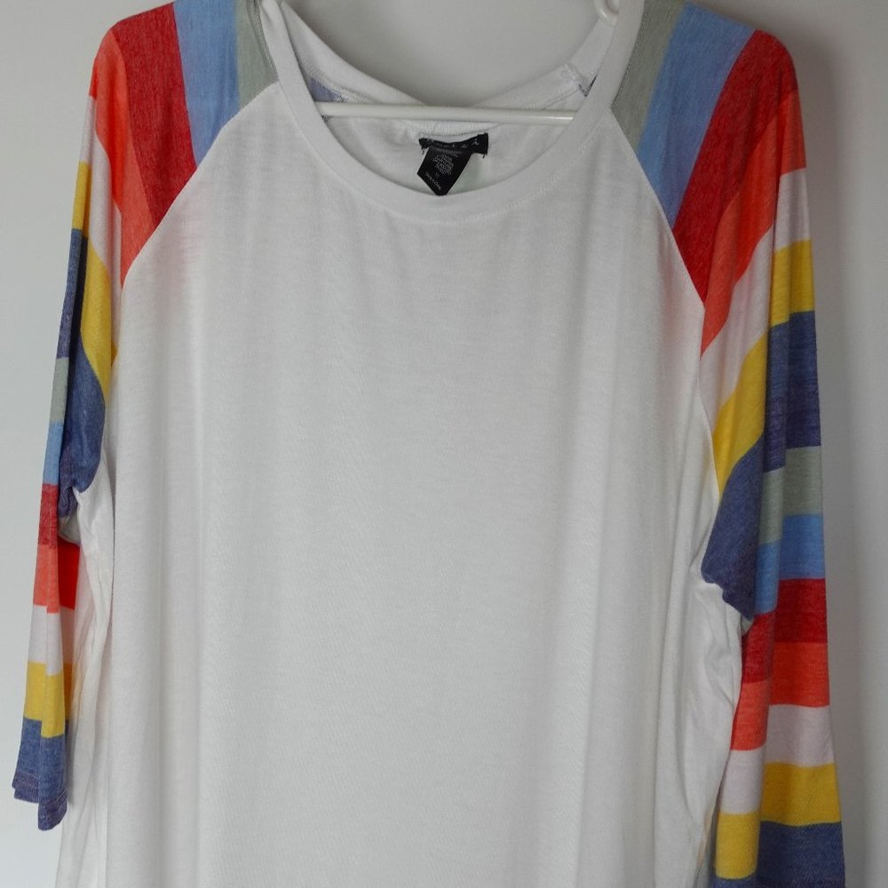 3X Rainbow Striped sleeve White Henley